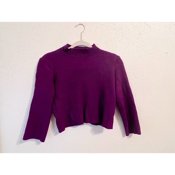 St John Collection Wool Blend Cropped Purple Turtleneck Ribbed Sweater Size L - Picture 3 of 7